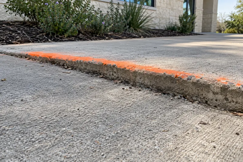 Trip-hazard joint marked with paint on a commercial walkway