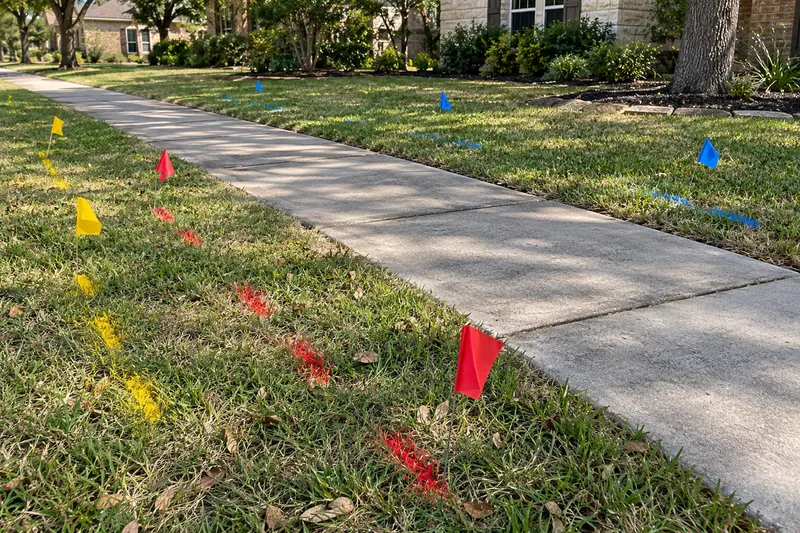 Utility locate flags and paint marks beside a sidewalk