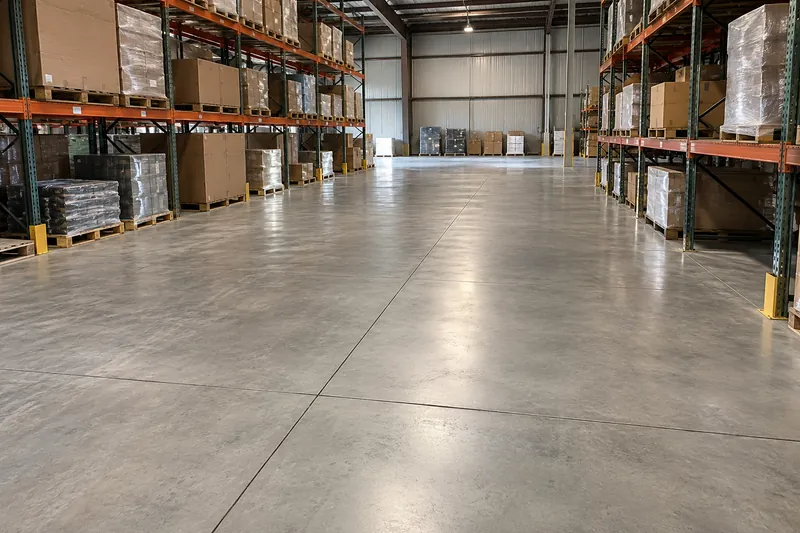 Finished warehouse floor with sawn joints and racking
